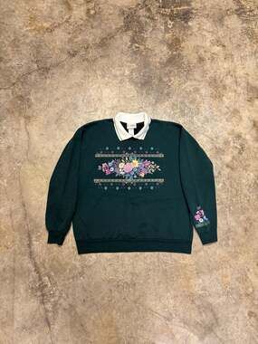 Vintage 90s Grandma Sweatshirt Floral Bouquet Collared Morning Sun Forest Green
